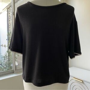 NOLI NWOT Rhinestone Trim Knit Crew Neck Top in Black, Made in USA, Size S
